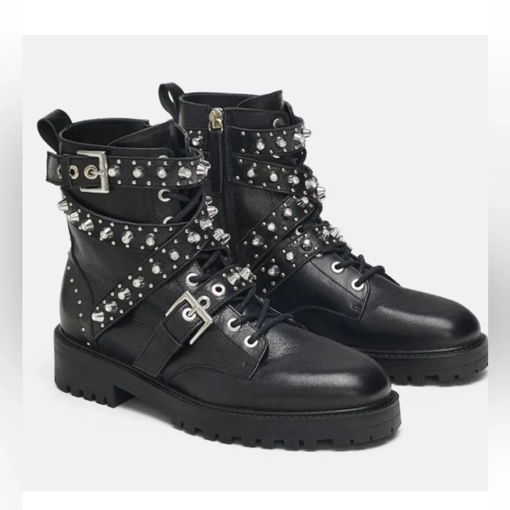 Zara Leather Black Ankle Boots with Silver Studs Size EU 40